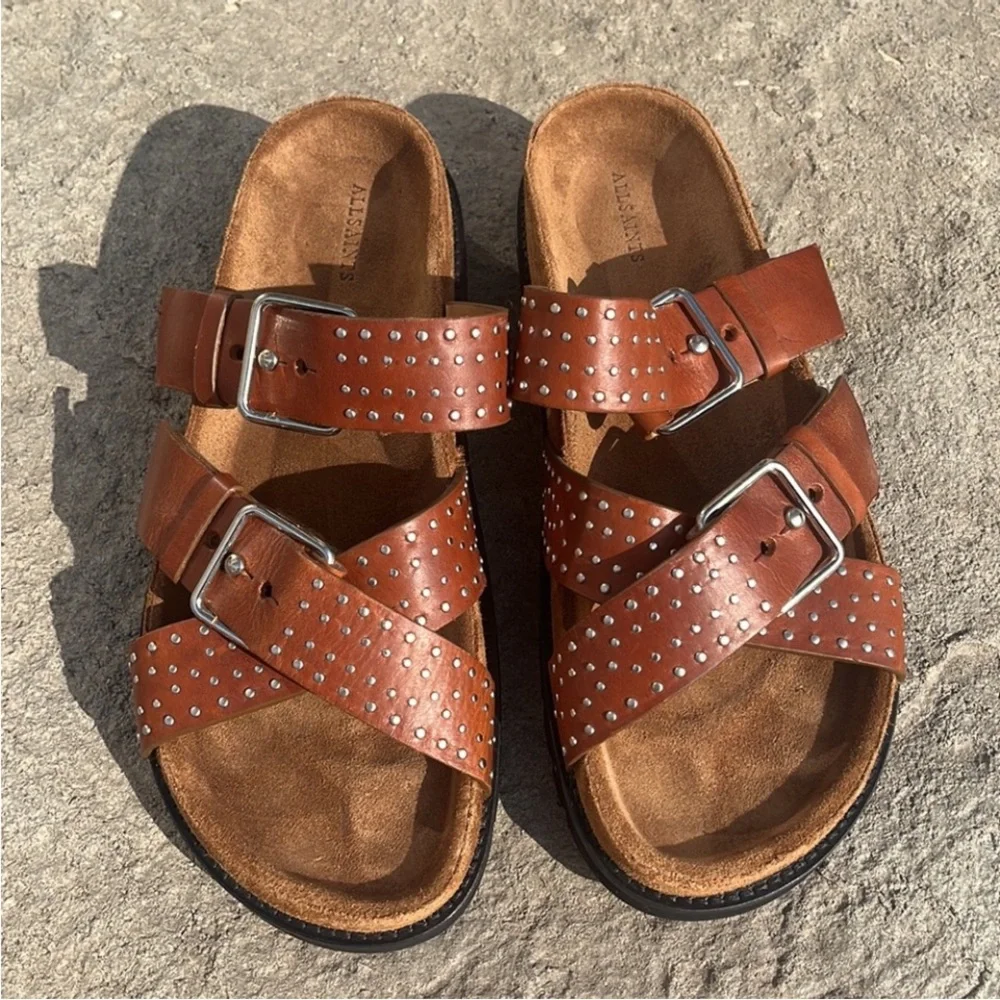 All Saints Tan Leather Studded Sandals - Picture 2 of 6